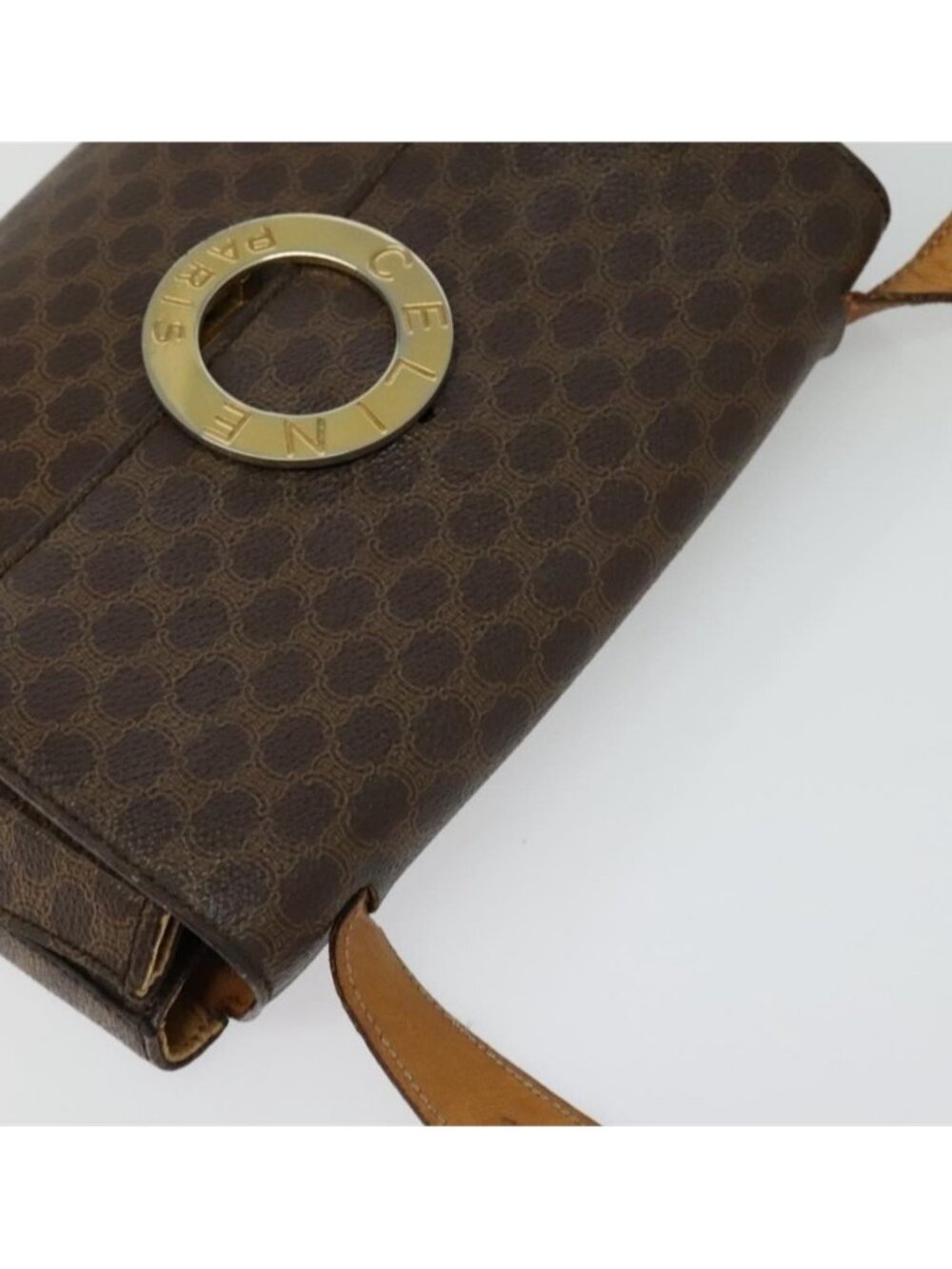 Authentic CELINE Macadam Canvas Circle Shoulder Bag PVC Leather Brown Gold - Picture 15 of 16